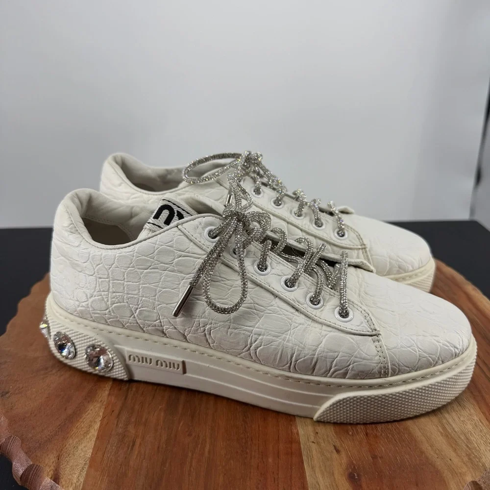 Miu Miu Crystal Skate Sneakers White Leather croc embossed lace up bling 37 US 7